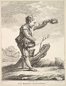 Little boy holding a wreath and basket of flowers, from Deuxième Livre de Figures d'après les porcelaines de la Manufacture Royale de France (Second Book of Figures after porcelains from the Manufacture Royale de France)