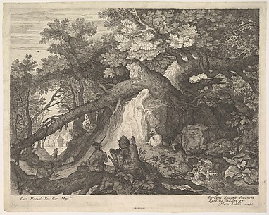 Man and Four Goats near a Waterfall, from Six Landscapes