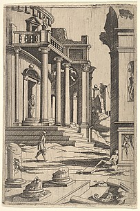 Man Carrying a Pail Among Ruins