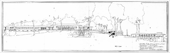 Francis W. Little House: Presentation Drawing of West Elevation - with round-arch clerestory windows - Scheme I