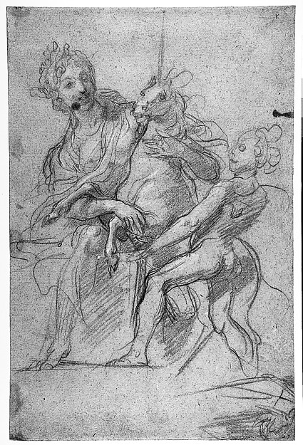 Allegorical Figure of Purity with a Unicorn and Putto (recto); Study of a Nude Boy (verso)