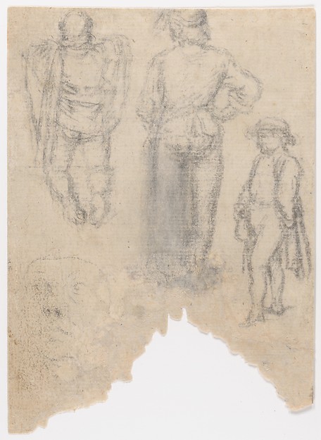 Studies of ten (?) heads and two ears (recto); Studies of three figures and a head (verso)