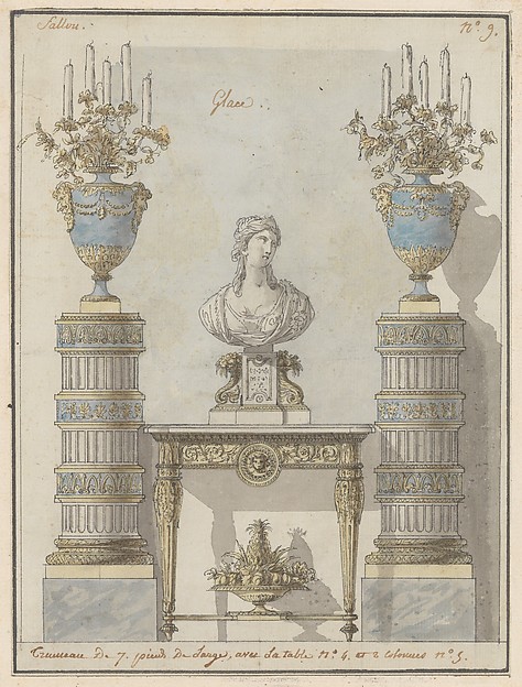 Salon elevation with a table supporting a bust flanked by a pair of candelabra on pedestals