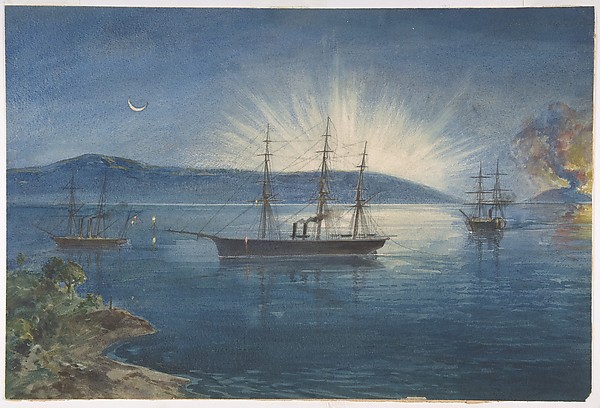 The Bay of Bull Arms, Trinity Bay, Newfoundland, bonfires lighted on the hills to notify of the arrival of the cable fleet on August 5th, 1858