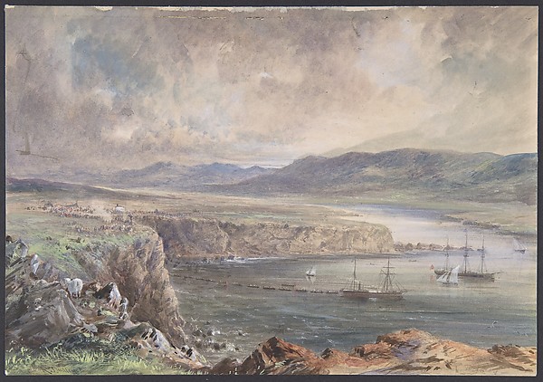 Foilhommerum Bay, Valencia, looking from Cromwell Fort. The Caroline and boats laying the earth wire, July 21st, 1865