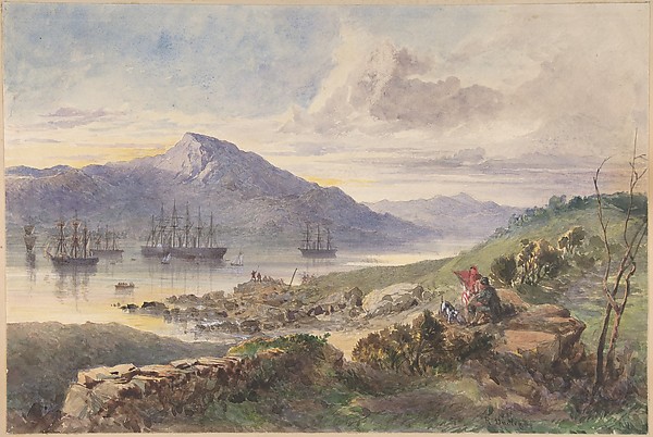 The heights over Foilhommerum Bay, Valencia, the William Corey heading seawards, laying the shore end of the Atlantic Telegraph Cable, July 7th, 1866