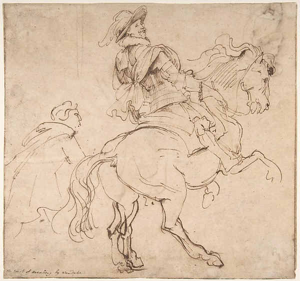 Recto: study for an Equestrian Portrait, possibly Albert de Ligne, Count of Arenberg; Verso: Various studies of Statues and Figures, including the Venus Pudica and Scipio and his Lictor.