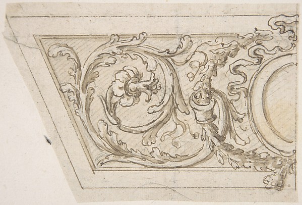 Design for a Trapezoidal Frieze with a Coat of Arms, Ribbons and Floral Ornament.
