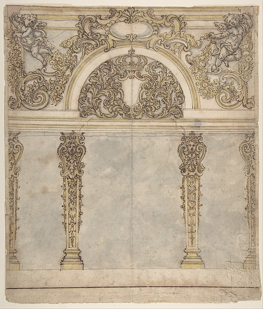Design for an Alcove with a Coat of Arms Flanked by Putti Bearing a Crown, Supported by Pilasters with Human Heads in Capitals.