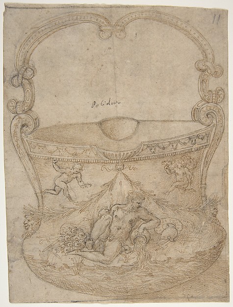 Design for a Bucket-Like Vessel with a Handle of Non-Figural Interlaces, on a Body Adorned with a River God and Two Putti.