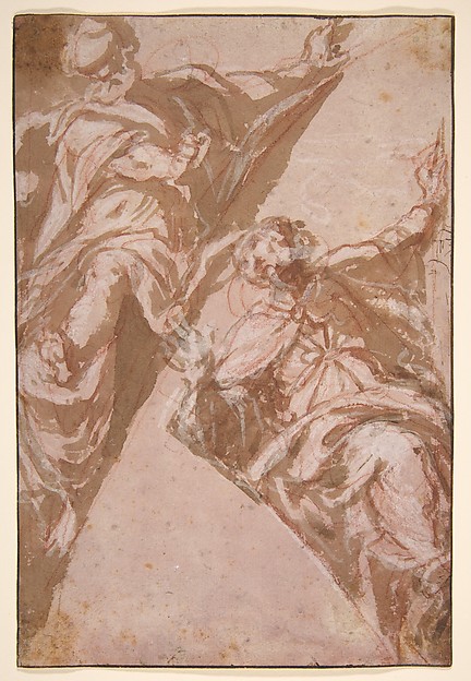 Two Seated Male Figures Within Spandrels.