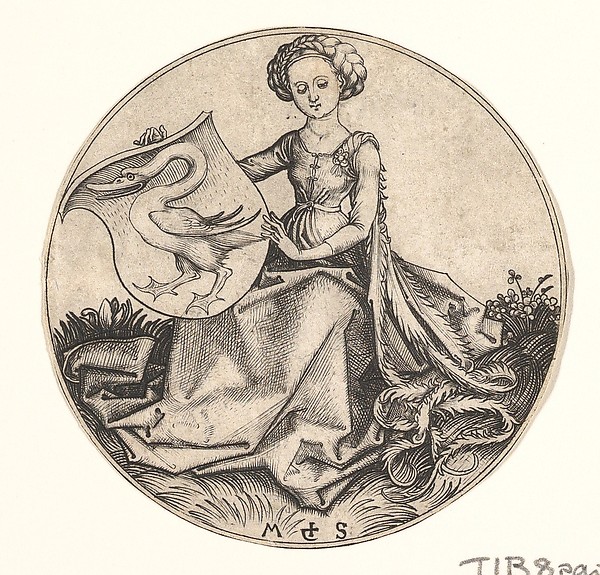 Shield with Swan Held by Woman