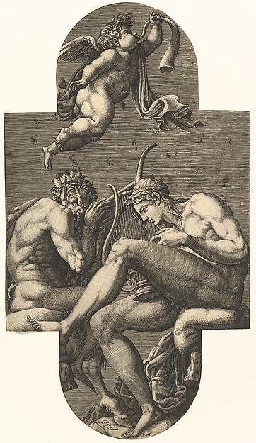 Apollo, Pan, and a Putto Blowing a Horn