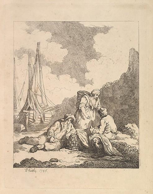 Fishermen by the Shore – Coastal Scene with a Man Sitting on the Ground Resting an Elbow on a Fishing Basket, Another Man Opposite Mending a Sail, and a Woman Standing Between Them Carrying a Basket on Her Back (from Imitations of Modern Drawings)