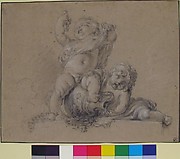 Two Putti, One Holding Aloft a Bunch of Grapes