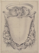 Design for a Cartouche Surmounted by a Lion's Head in Scrollwork Suspending Swags of Fruit and Leaves