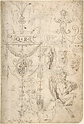 Grotesques, with Q.R. in Cartouche at Left, S.P.Q.R. at Right (recto); Grotesque with Fan at Bottom, Two Putti Holding Flowers (verso)