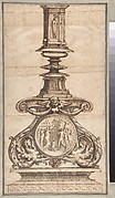 Design of a Candlestick with Winged Figures at Base Surrounding Scenic Medallion