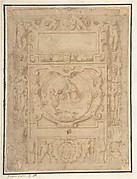 Design for a Cartouche with the "IHS" Monogram of the Society of Jesus, Putti, Fantastick Creatures, at the Borders, a Central Scene of the Virgin and Child with a Monastic Figure, and the Family Arms of a Cardinal