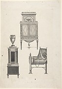 Design for furniture in a variation on the style of Thomas Sheraton, a desk or bookcase, a plate-warmer (?) pedestal, and a cradle