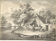 A Haywagon Infront of a Cottage Beside a Stream
