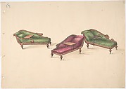 Design for Three Reclined Reading Sofas with Trays, on Casters, Upholstered in Green and Red