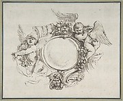 Design for a Cartouche surrounded by Putti handing Garlands, supported by a Human Head