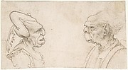 Two Grotesque Heads: Old Woman with an Elaborate Headdress and a Man with Large Ears
