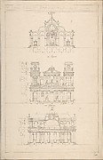 Drawing of Interior, Façade, and Rear of Church