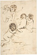 Four Putti with Bow and Arrows on Clouds above a Landscape with a Tower.