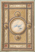 Design for a carved and painted ceiling with clouds and ducks in the central circular panel