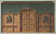 Design for a room with wood panels inset with paintings and a heavily-carved double door