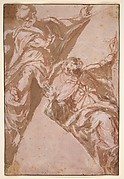 Two Seated Male Figures Within Spandrels.