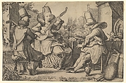 Two Elegantly Dressed Men and a Woman in a Garden