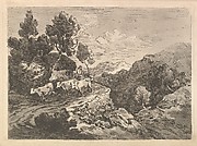 Landscape with a Figure Herding Cattle Along a Road Beside a Cottage, a Hillside at Left, a Forest in the Valley Below at Right (from Imitations of Modern Drawings)