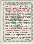 Original coupon included with each card from the series "Artistic Pictures" (T32), issued by Liggett &amp; Myers Tobacco Company to promote Richmond Straight Cut Cigarettes