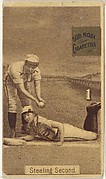 Card 1, Stealing Second, from the series "Women Baseball Players" (N508), issued by Pacholder Tobacco to promote Sub Rosa Cigarettes