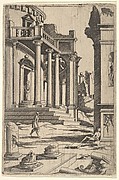 Man Carrying a Pail Among Ruins