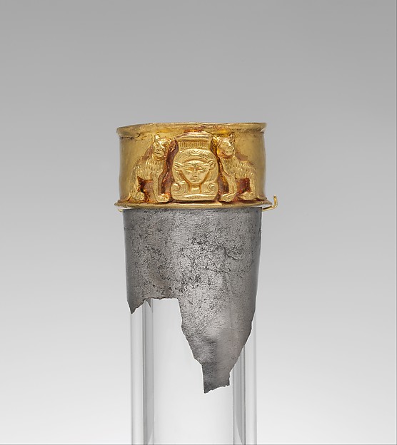 Neck from a vessel depicting the goddess Hathor flanked by felines