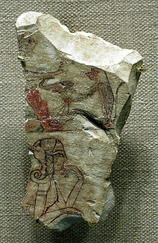 Ostracon depicting an animal fable or myth in the upper register and a princess (?) in the lower