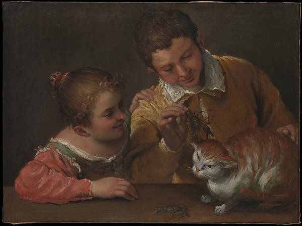 A girl is on the left with her arm on the table and a boy on the right in the background holding a scorpion.  A cat crouches on the table next to another scorpion. (Two Children Teasing a Cat (ca. 1590) by Annibale Carracci)