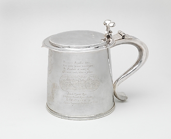 Tankard engraved with scenes depicting the Fire of London and the Great Plague