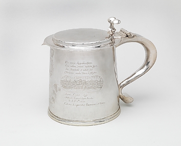 Tankard engraved with scenes depicting the Fire of London and the Great Plague

