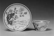 Teabowl and saucer with quail and peonies