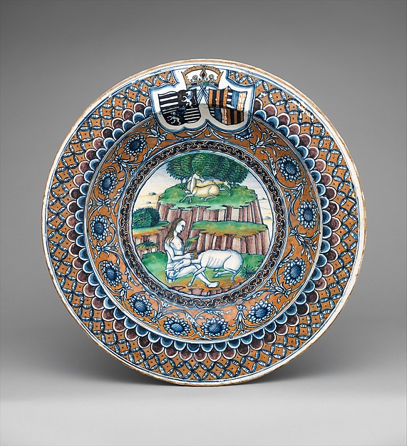 Dish depicting a virgin and a unicorn