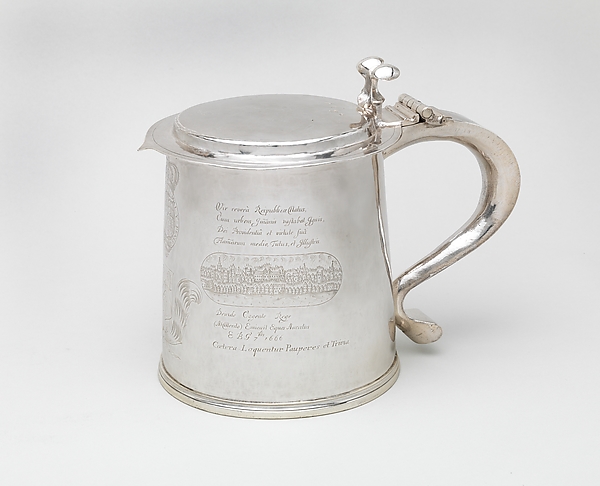Tankard engraved with scenes depicting the Fire of London and the Great Plague
