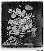 Flowers in a golden vase, with a parrot