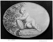 Putto on a pedestal against background of verdure