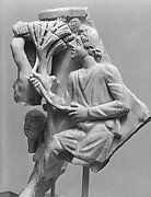 Right corner of a sarcophagus with the myth of the musical contest between the satyr Marsyas and the god Apollo