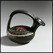 Terracotta askos (flask with a spout and handle over the top)